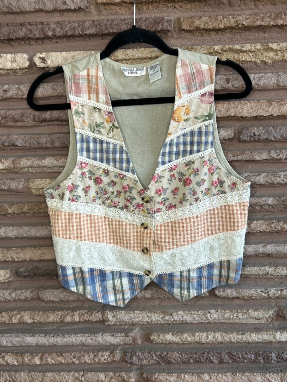 Vintage 90s Vest Patchwork Floral Plaid Check 100% Cotton Victoria Jones - Picture 10 of 10